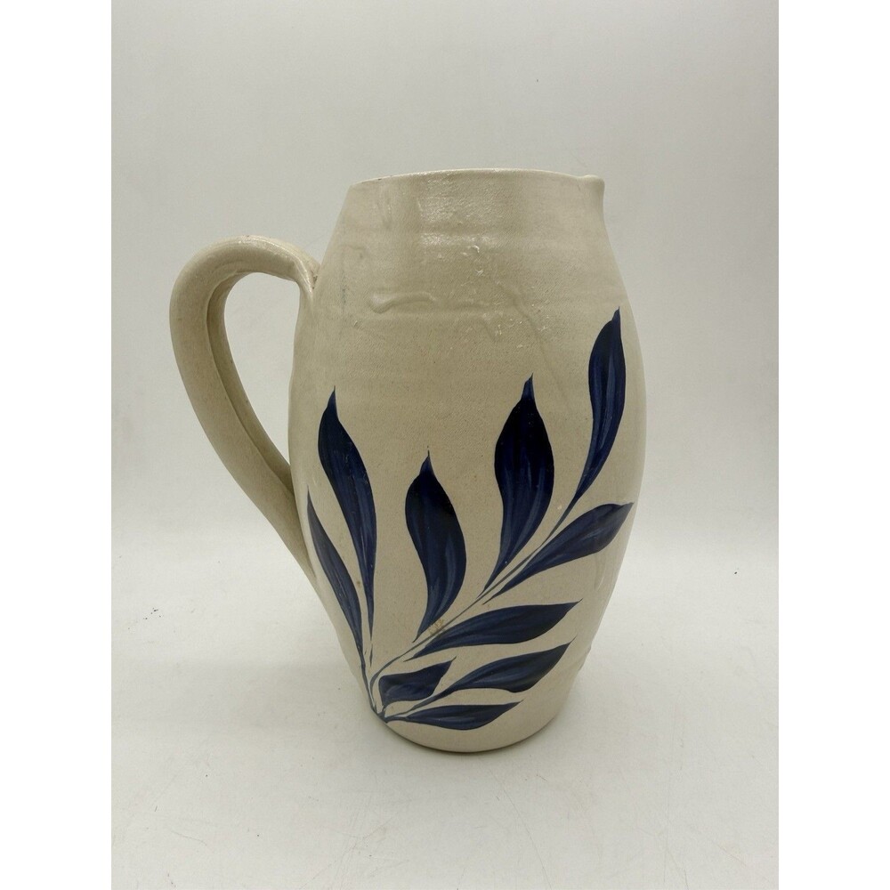 Williamsburg Pottery Pitcher 8” Blue Leaves Salt Glazed Stoneware